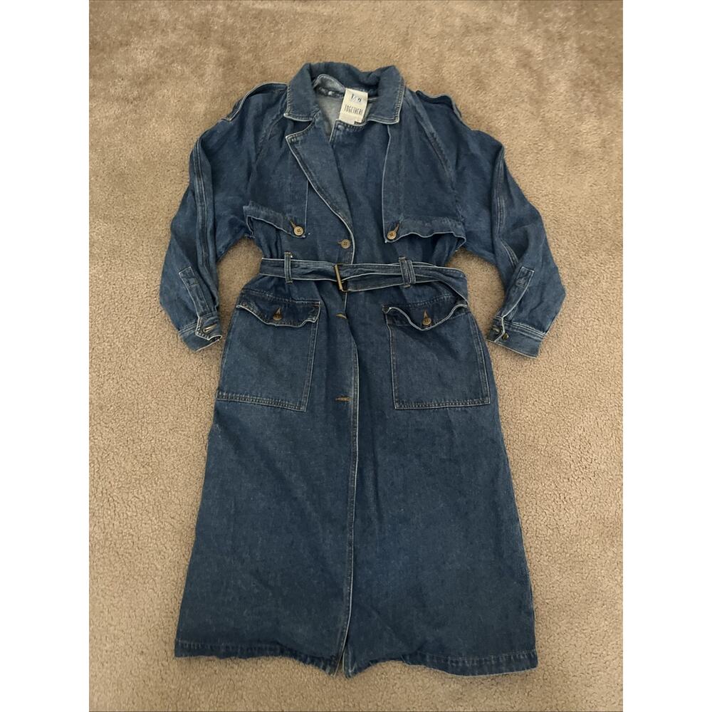 VTG 90s Together! Trench Coat Denim Duster Long Jean Missy 12 Blue Belted Pocket